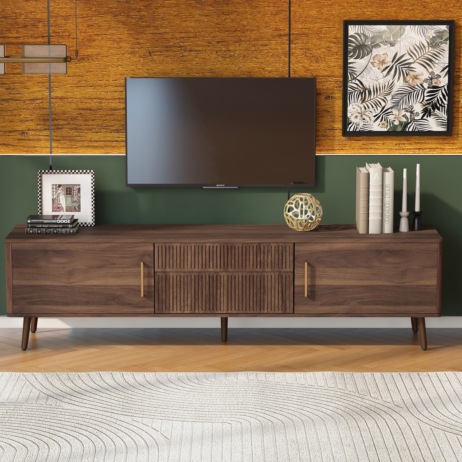 Mid Century Tv Stand With 2 Drawers, Media Console Table For Tvs Up To 80'', Entertainment Center With Storage For Living Room, Bedroom, Home Theatre Walnut Primary Living Space 70 79 Inches 70 79