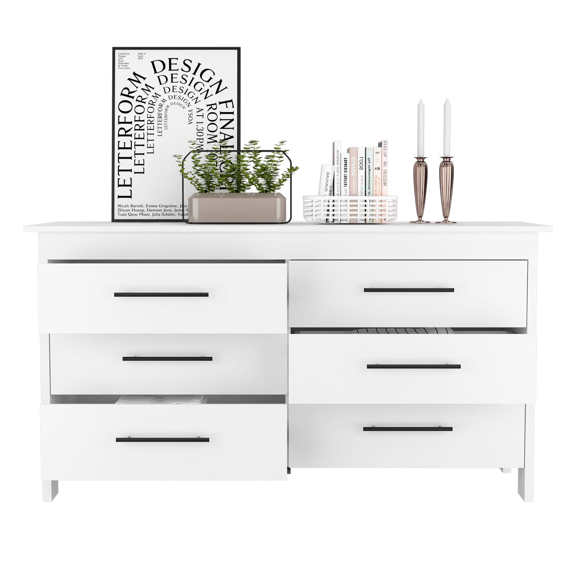 Double Dresser, Four Legs, 6 Drawer, Superior Top, White White Solid Wood Mdf Engineered Wood