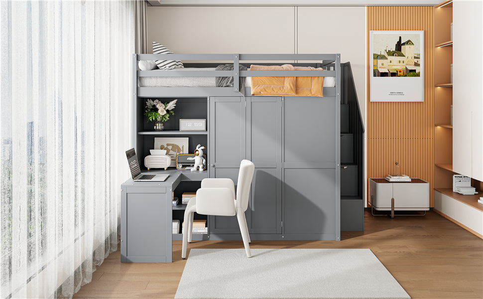 Full Size Loft Bed With Wardrobe,Desk And Shelves,Grey Grey Mdf Lvl