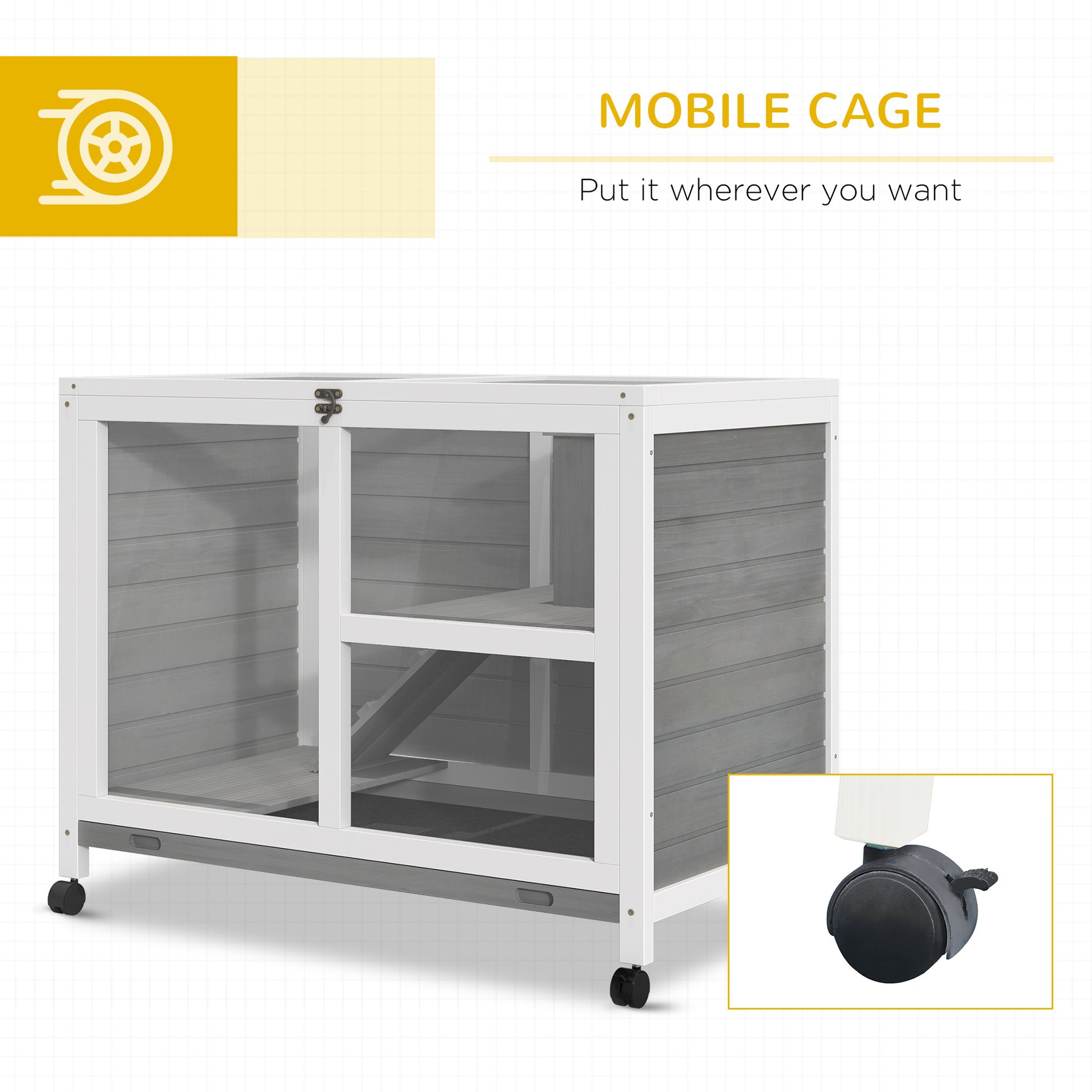 Pawhut Indoor Rabbit Hutch With Wheels, Desk And Side Table Sized, Wood Rabbit Cage, Waterproof Small Rabbit Cage, Gray Grey Wood