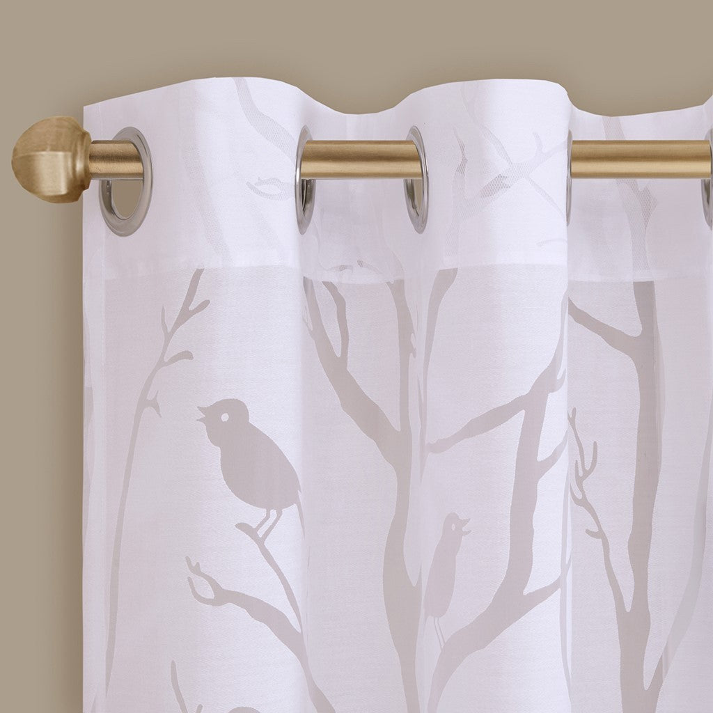 Grommet Top Sheer Bird On Branches Burnout Window Curtain Only 1 Pc Panel White Polyester