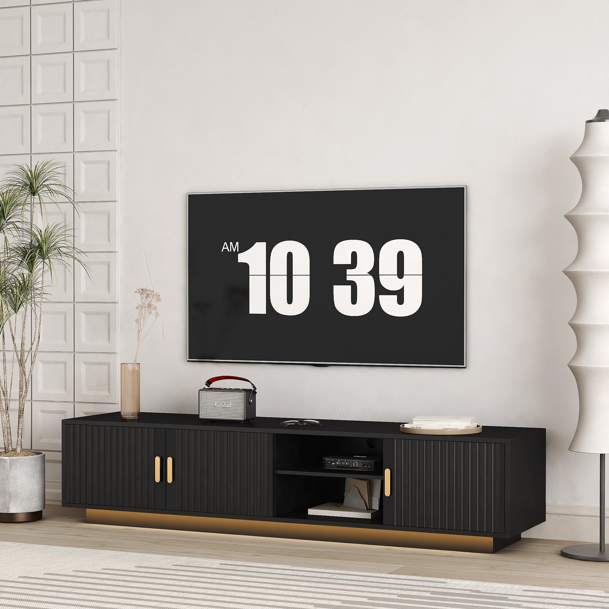 Mid Century Modern Tv Stand With Led Lights For 80 Inch Tv, Entertainment Center Wooden Tv Stand, Tv Stand Desk Media Cabinet With Storage For Living Room Bedroom Black 60 69 Inches Mdf