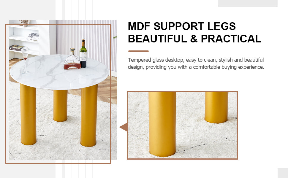 Table And Chair Set, Round Table With White Marble Pattern, Gold Mdf Table Legs, Soft And Comfortable Dining Chair, Suitable For Kitchen And Living Room White Seats 4 Mdf