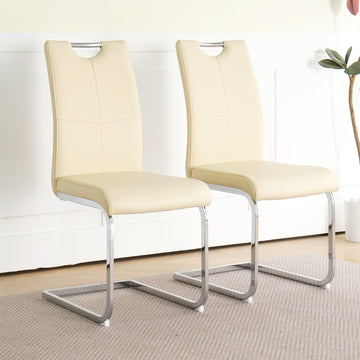 Modern Pu Dining Chair Living Room Chair Upholstered Chair, Electroplated Metal Legs Design, Kitchen, Living Room, Bedroom, Dining Room Side Chair Set Of 2 Cream Metal