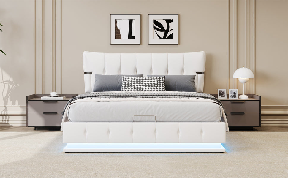 Upholstered Platform Full Size Hydraulic Storage Bed, Lift Up Storage Bed With Rgb Led Light, Pu Leather Headboard And Footboard, No Box Spring Needed, White Full White Wood Metal