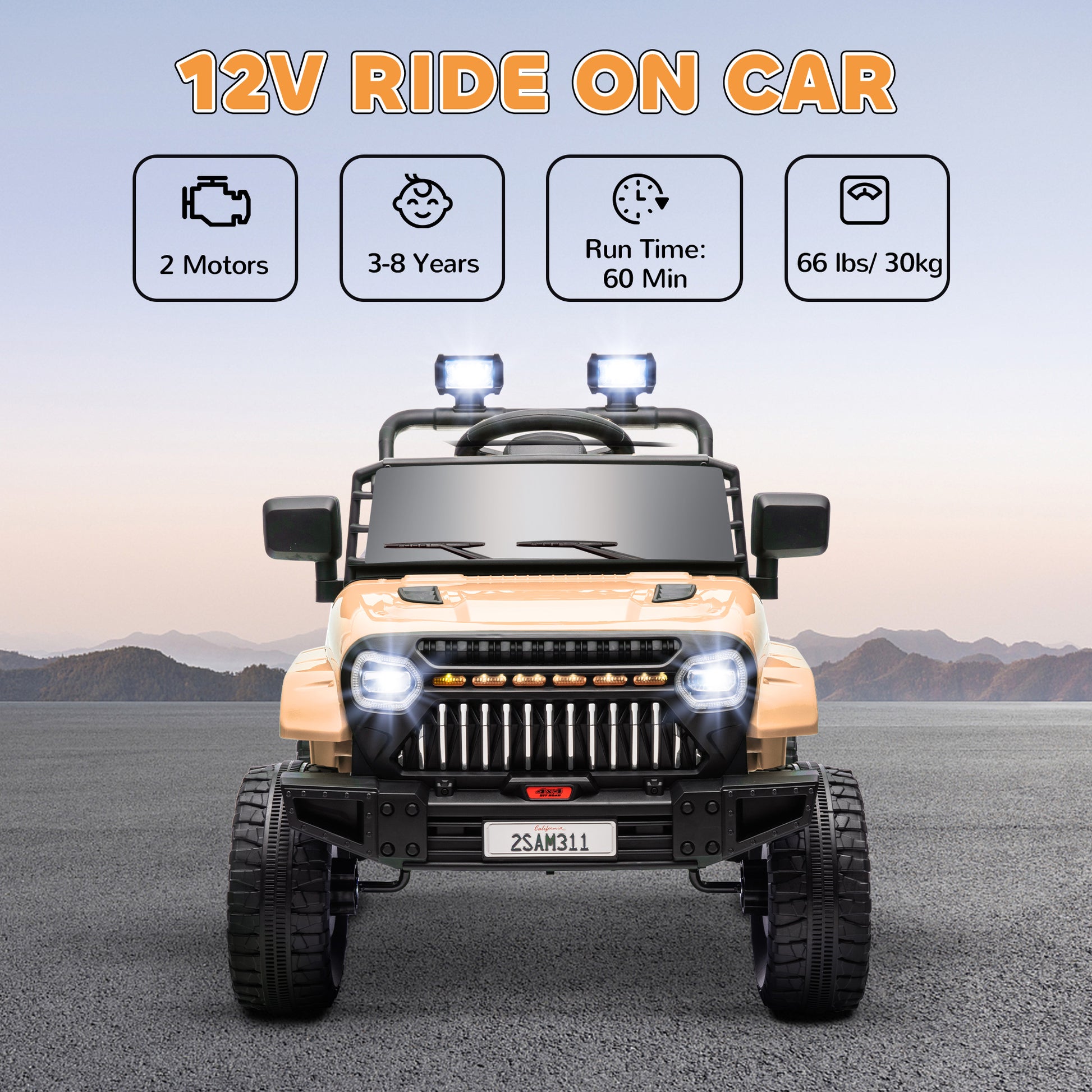 Qaba 12V Ride On Truck, Battery Powered Kids Electric Car Utv With 4 Suspension Wheels, Remote Control, 3 Speeds, Led Headlights, Horn, Usb Music, Khaki Khaki Plastic
