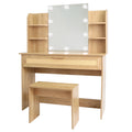 Vanity Desk Set Stool & Dressing Table With Led Lighting Mirror Drawer And Compartments Modern Wood Cosmetic Table Chest Of Drawers Nature Color Natural Wood Particle Board