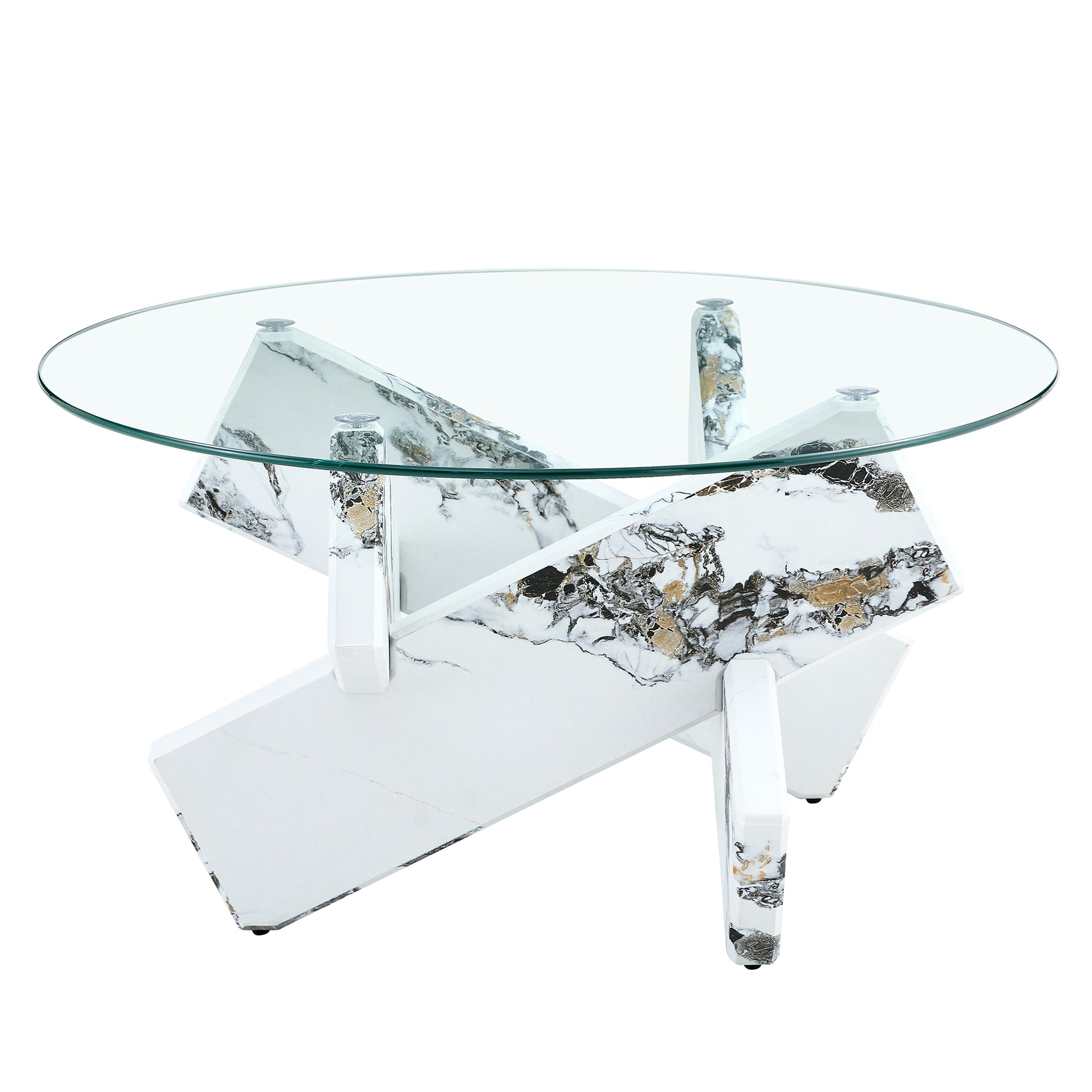 Round Glass Coffee Table, 33.4 "Modern Design Unique Coffee Table. Tempered Glass Countertop With White Patterned Mdf Legs. Suitable For Living And Dining Rooms White Mdf Glass