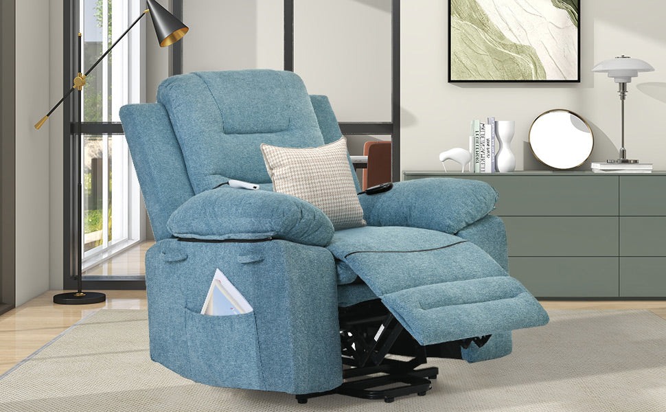 Massage Recliner,Power Lift Chair For Elderly With Adjustable Massage And Heating Function,Recliner Chair With Infinite Position And Side Pocket For Living Room ,Blue Blue Foam Linen