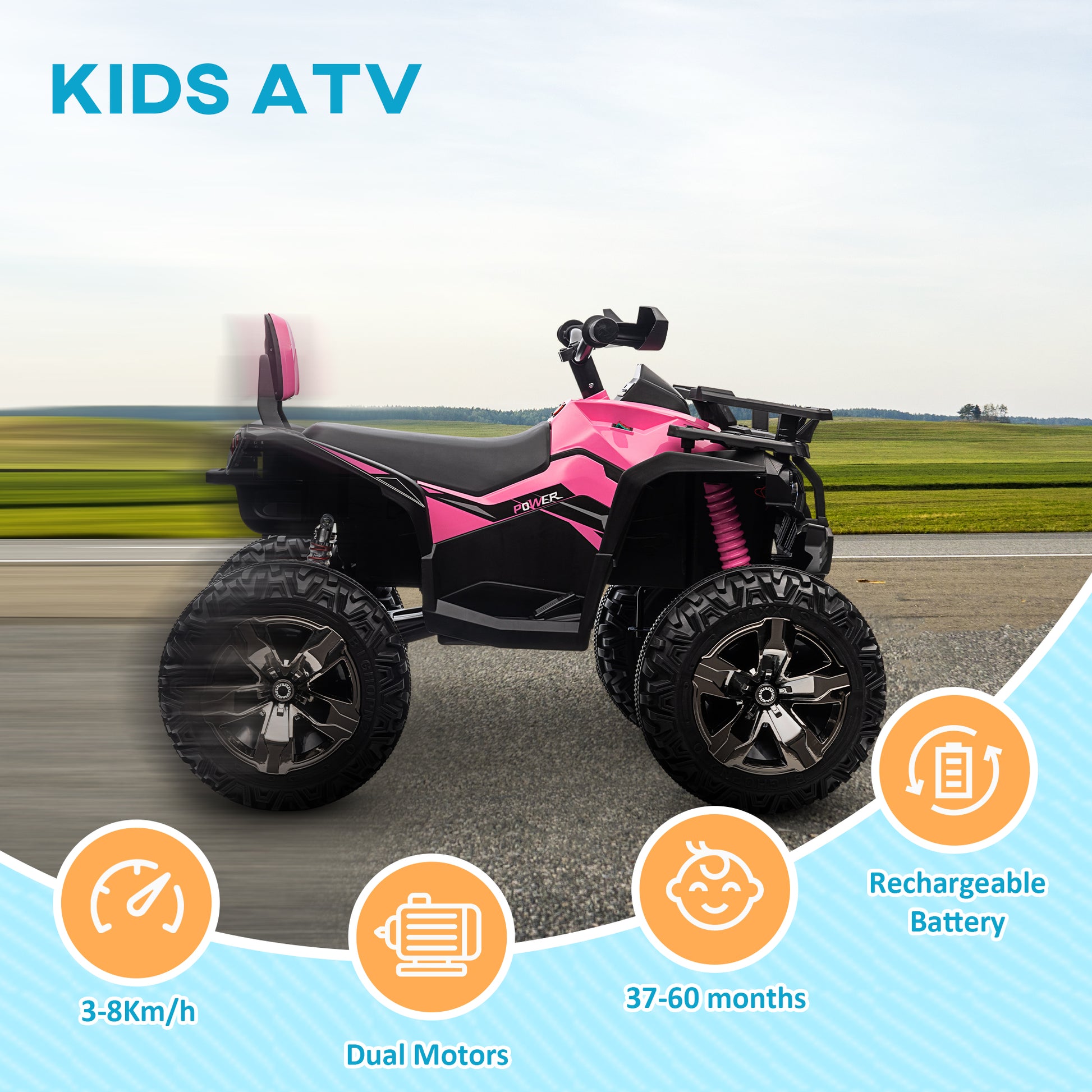 Aosom 12V Kids Atv Ride On Four Wheeler Toy Car With Music, Realistic Headlights, Wide Wheels, Rechargeable Battery Powered, For Boys And Girls, Pink Pink Steel