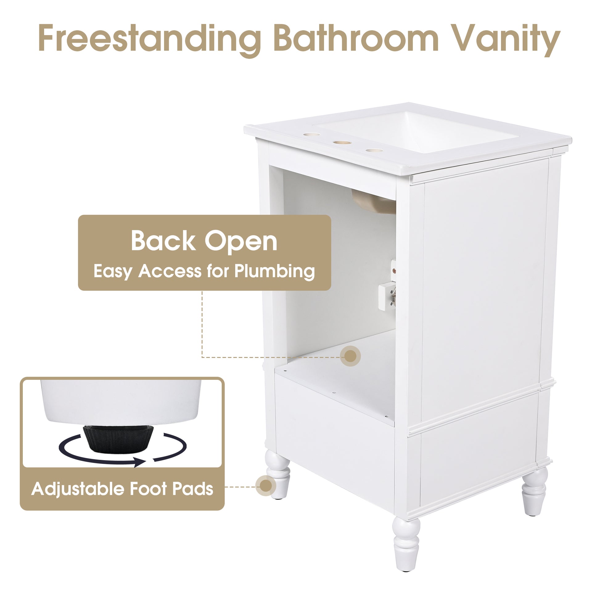 20" Bathroom Vanity With Sink, Bathroom Cabinet With Two Doors, Magnetic Door Stopper And Adiustable Foot Pads, A Drawer, White White Mdf