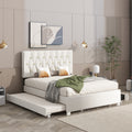 Beige Queen Size Trundle Pull Out Drawers Storage Upholstered Bed Modern Design No Box Spring Required Box Spring Not Required Queen Beige Wood Espresso Bedroom American Design,Casual,Cute,Modern Rubberwood Trundle Bed Included Fiber Foam And Polyester