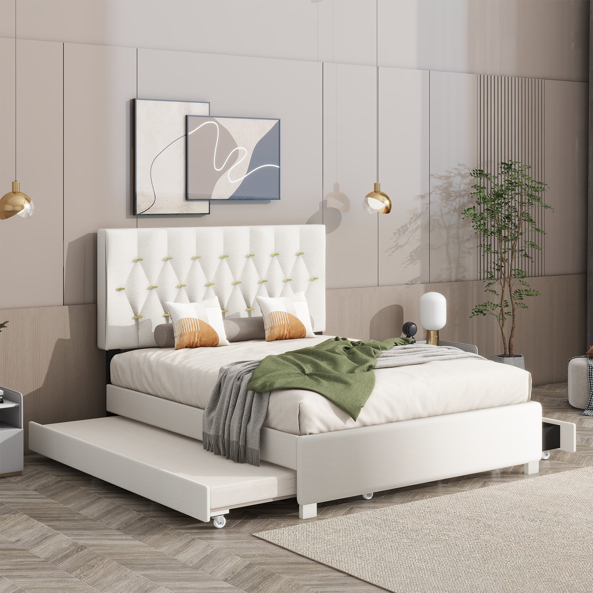 Beige Queen Size Trundle Pull Out Drawers Storage Upholstered Bed Modern Design No Box Spring Required Box Spring Not Required Queen Beige Wood Espresso Bedroom American Design,Casual,Cute,Modern Rubberwood Trundle Bed Included Fiber Foam And Polyester
