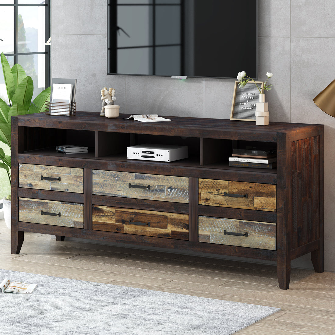 Retro Distressed Wooden Tv Stand For Tvs Up To 65 Inches, Entertainment Center Media Console With 6 Drawers And 3 Shelves For Living Room, Brown Brown 60 69 Inches Solid Wood Mdf