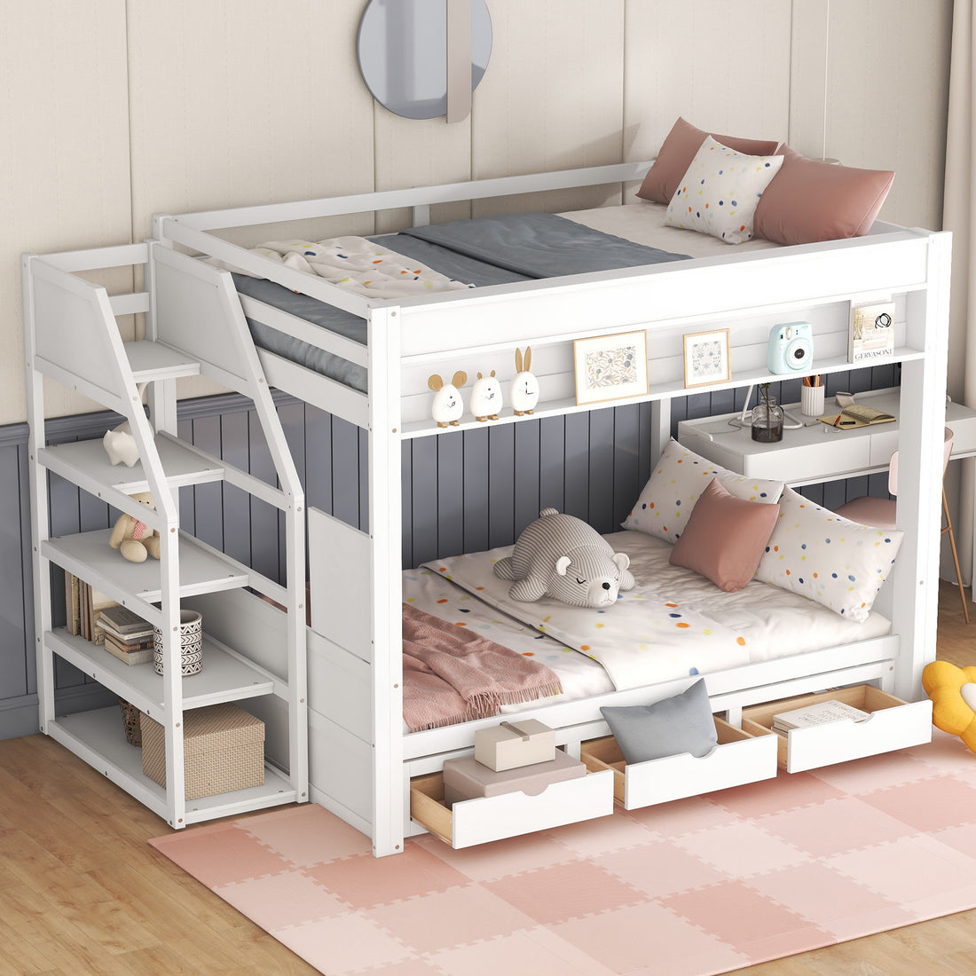 Wood Full Size Convertible Bunk Bed With Storage Staircase, Bedside Table, And 3 Drawers, White White Solid Wood Mdf