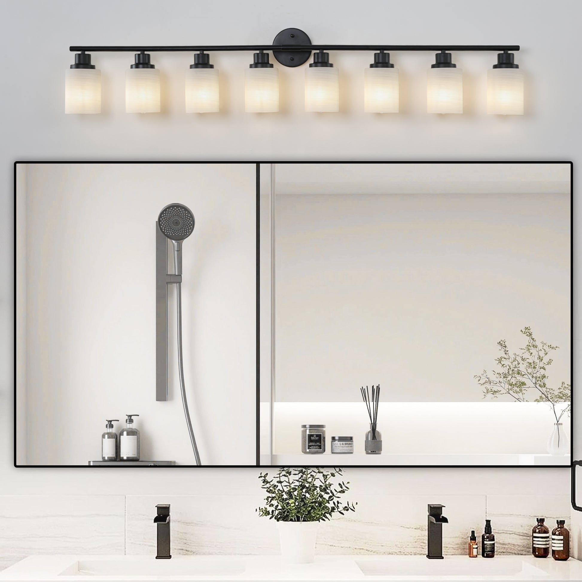 Modern 8 Light Vanity Bathroom Mirror Light, Frosted White Glass With Black Iron Frame, Contemporary Wall Sconce For Bedroom, Bathroom, And Dressing Room Bulb Not Included Black,White Glass,Iron