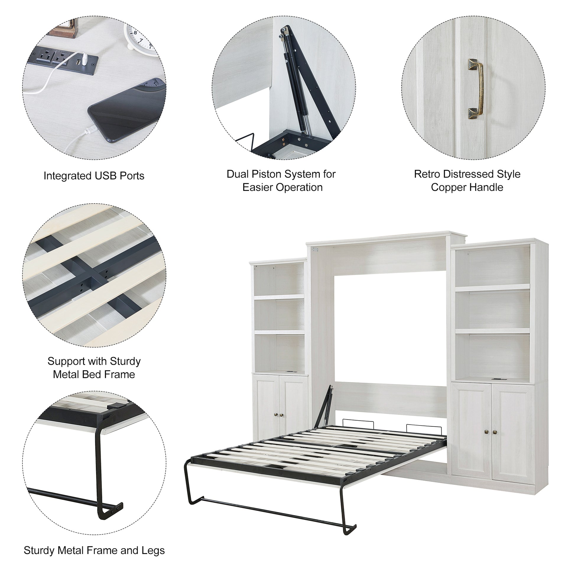 Queen Size Half Self Close And Open Murphy Bed With 2 Side Cabinet Storage Shelf, Cabinet Space Saving Bed Perfect For Guest Room, Bed Room, Guest Room, Home Office, Rustic White Box Spring Not Required Queen Rustic White Wood White Pine Murphy Solid
