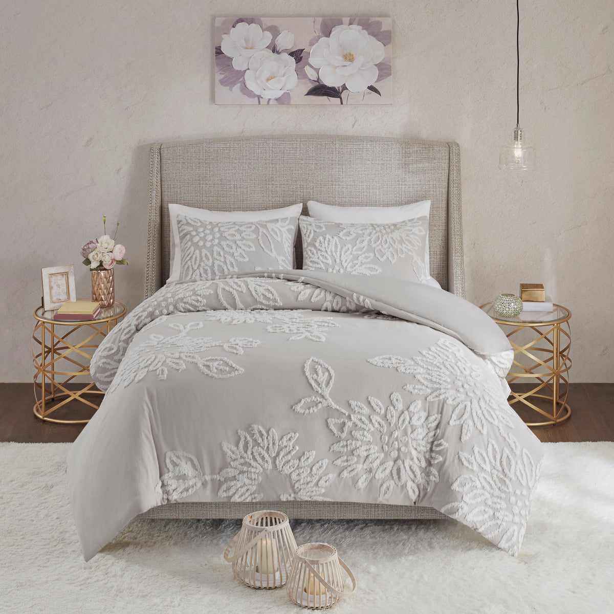 3 Piece Tufted Cotton Chenille Floral Comforter Set Warm Grey White Full Queen Full Warm Grey White Cotton