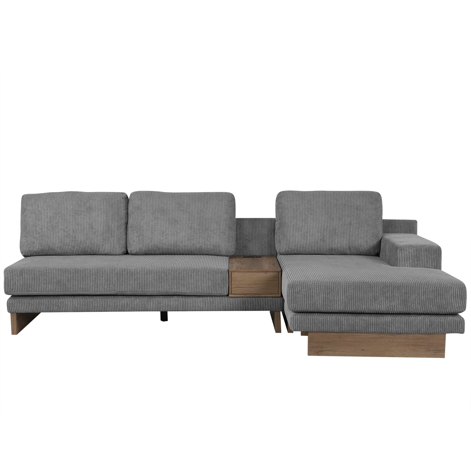 114" L Shaped Sofa Sectional Sofa With Two Usb Ports And Two Power Sockets, A Storage Drawer And A Reversible Chaise Lounge For Living Room, Grey Grey Foam Corduroy 3 Seat