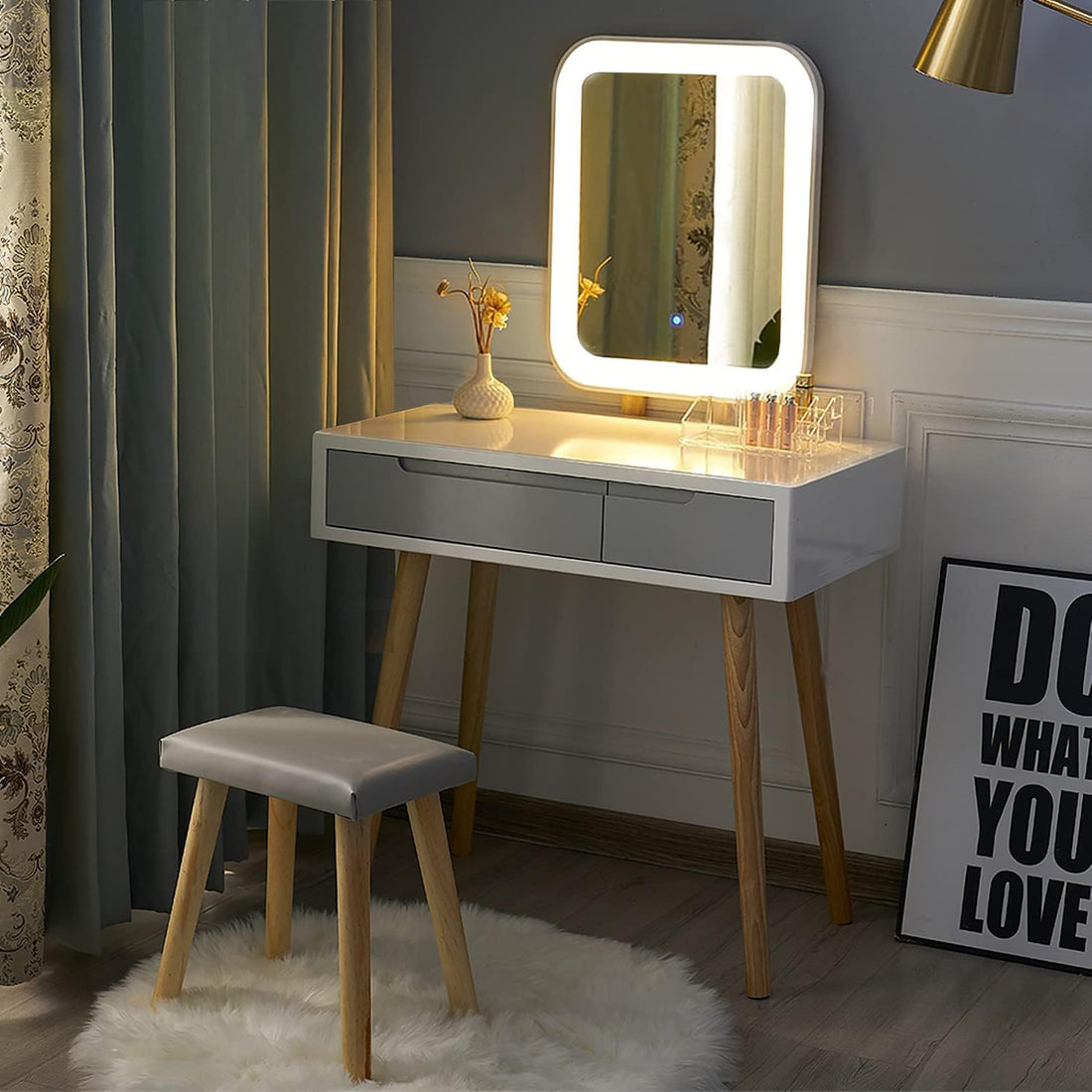 Vanity Table Set With Adjustable Brightness Mirror And Cushioned Stool, Dressing Table Vanity Table With Free Make Up Organizer Grey White Wood