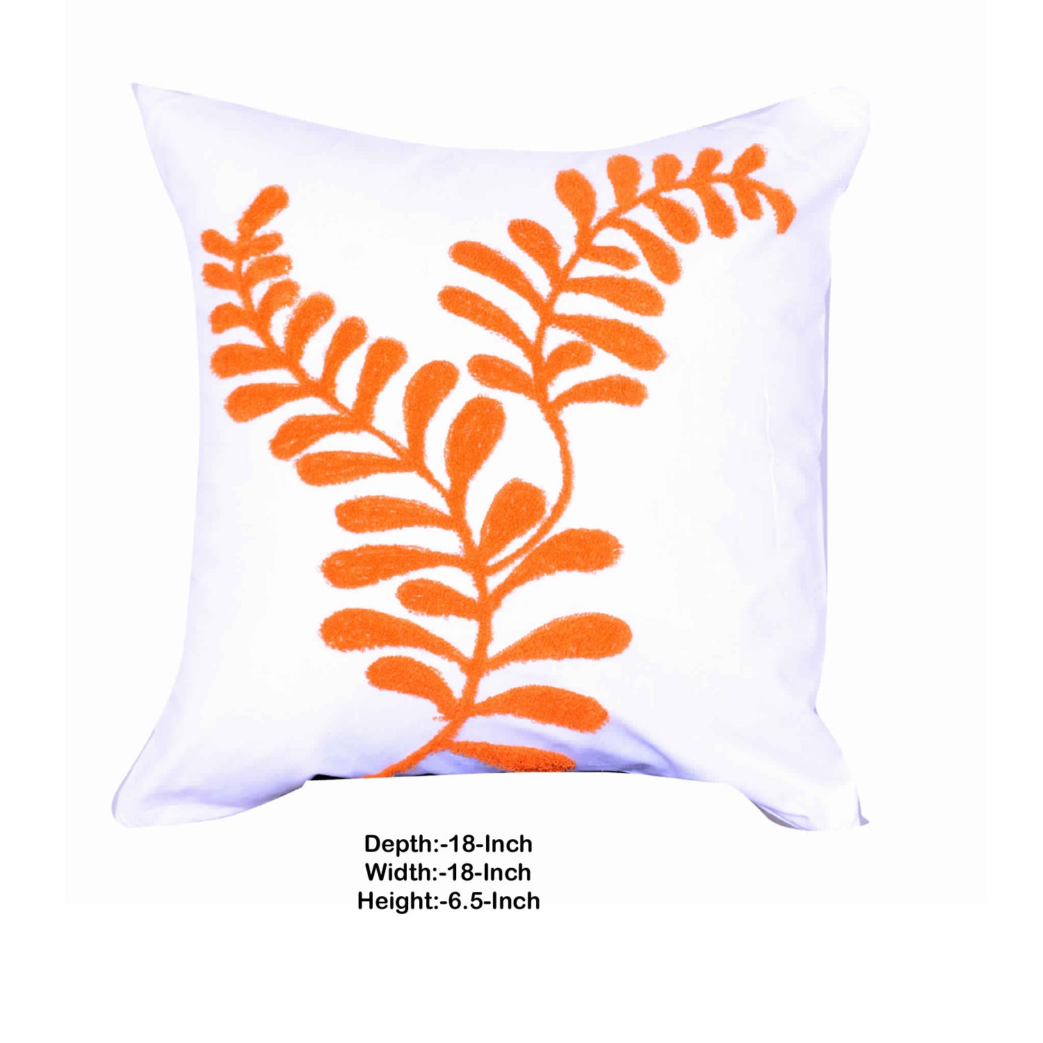 18 X 18 Inch Cotton Pillow With Sprig Pattern Embroidery, Orange Orange Polyester Blend