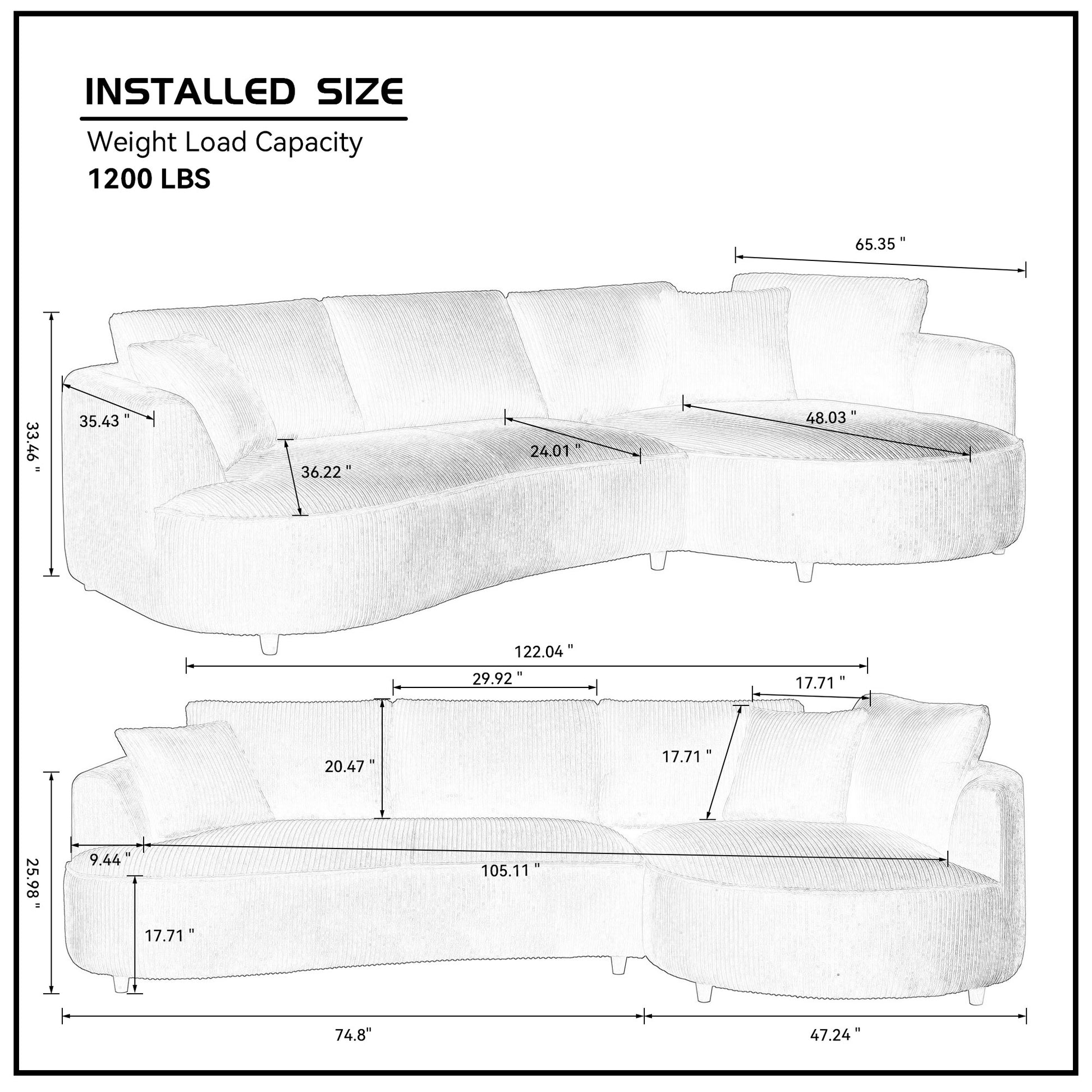 122.04 Inch Corduroy Upholstered Sectional Sofa With Right Facing Chaise For Living Room Office Corner White Corduroy Modern Sofa White Corduroy 3 Seat