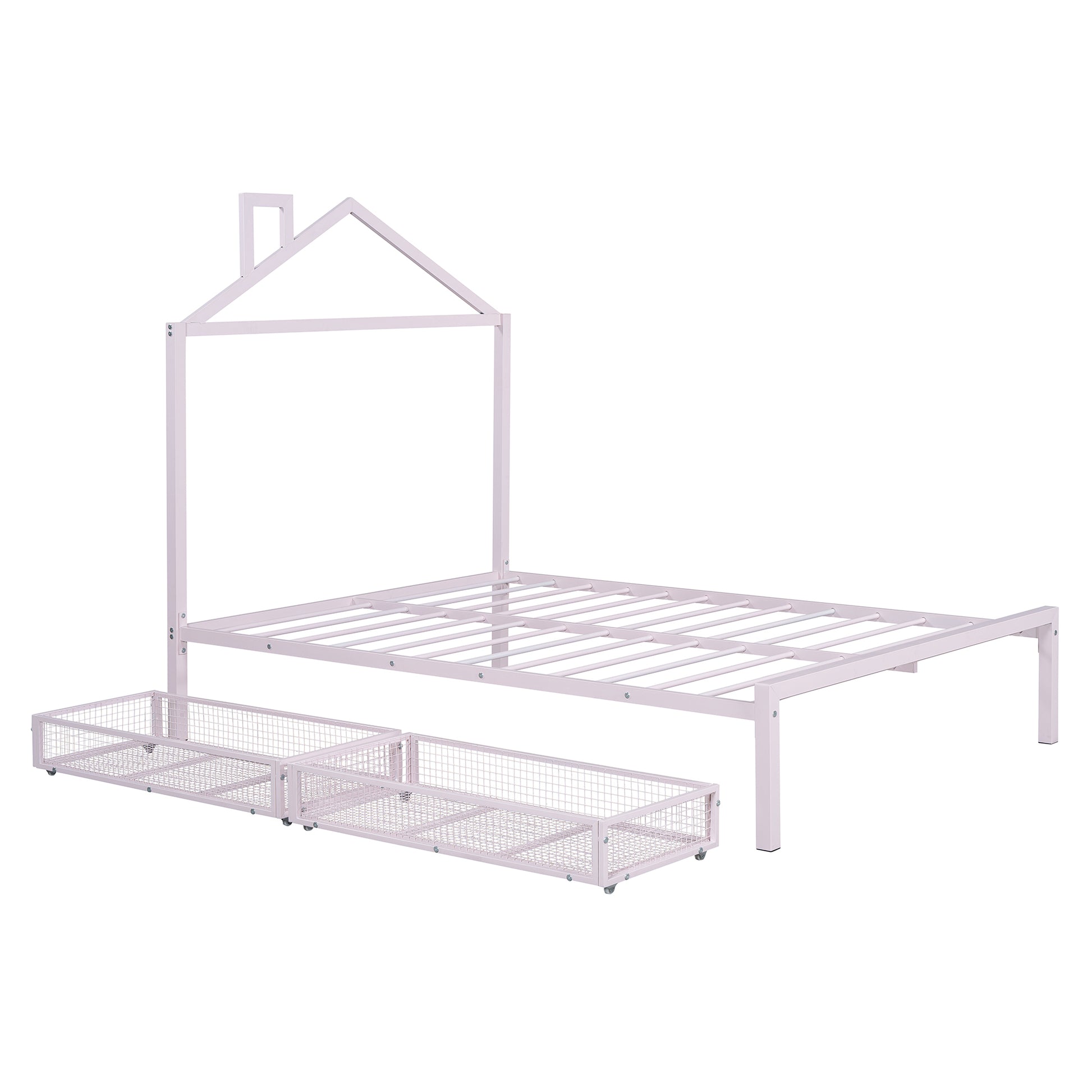 Full Size Metal Platform Bed With Two Drawers,House Shaped Headboard Design, Pink Full Pink Metal