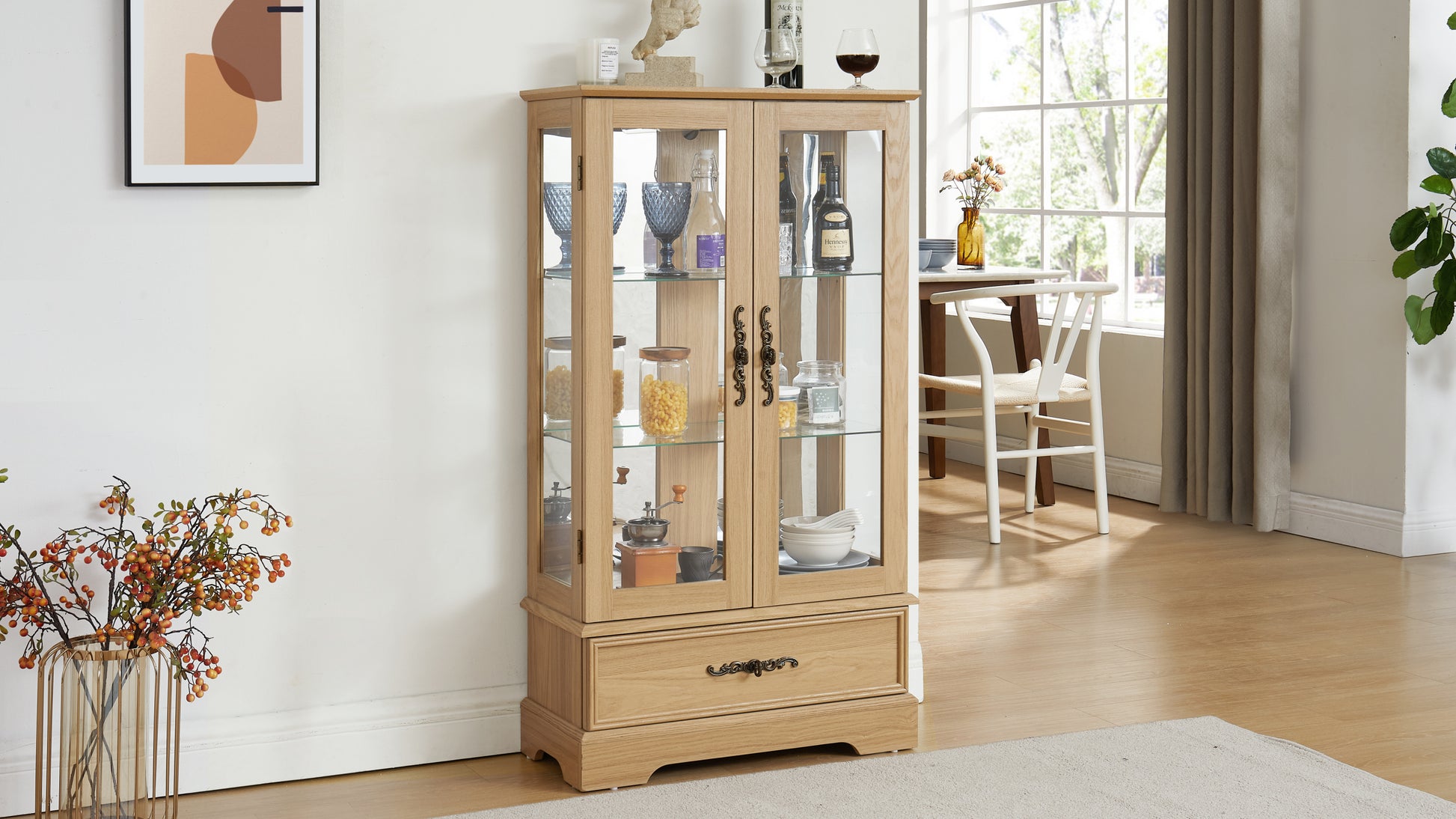 Glass Cabinet Lighted Glass Cabinet Curio Display Cabinet With Adjustable Glass Shelves 2 Doors And 1 Drawer Cabinet Bulb Included Oak Oak Mdf Glass