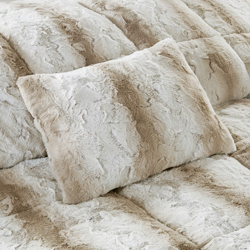 4Pc Faux Fur Comforter Set Queen Sand Polyester