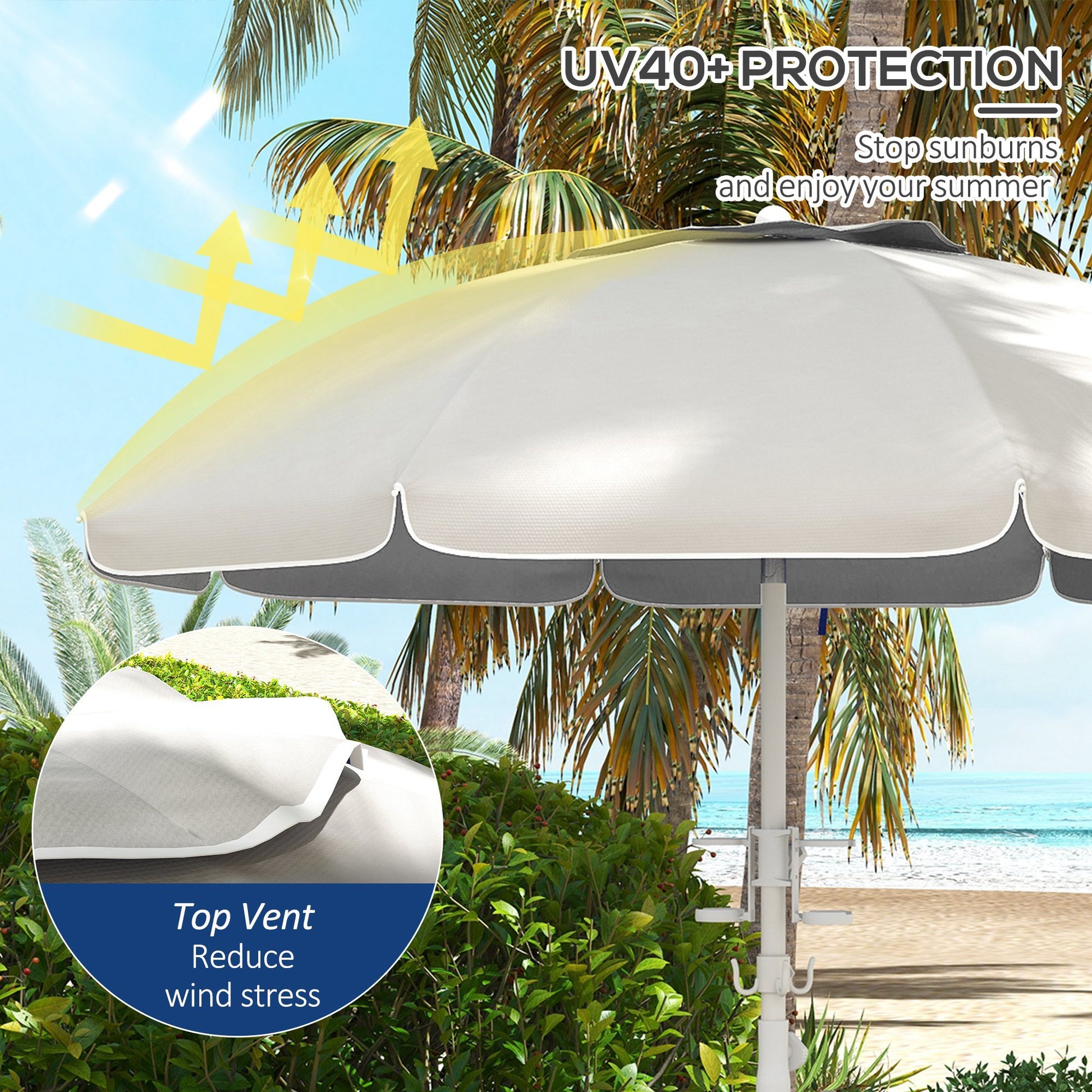 Outsunny 5.7' Portable Beach Umbrella With Tilt, Adjustable Height, 2 Cup Holders & Hooks, Uv 40 Ruffled Outdoor Umbrella With Vented Canopy, Cream White Cream White Polyester