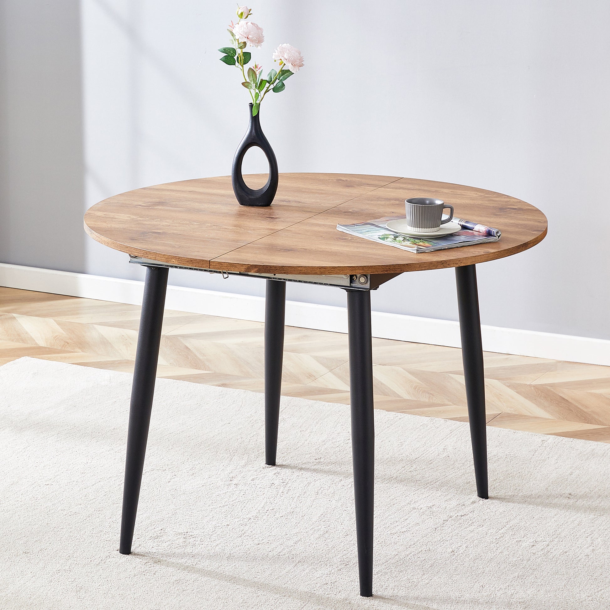 With A Clever Retractable Mechanism, The Mdf Table Top And Black Metal Legs And Has A Smooth And Delicate Surface. The Unique Look Creates The Sleekof A Modern Home. Wood Mdf Metal