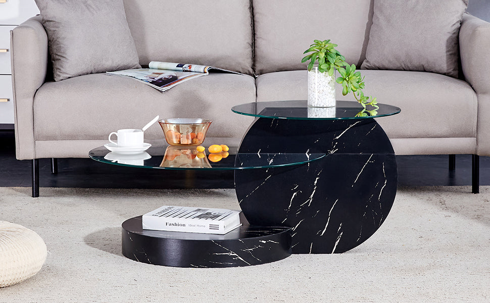 Modern And Practical Double Deck Round Table. Double Storage Space, Made Of Glass Tabletop And Mdf Table Legs. Suitable For Living Room And Bedroom And Dining Room. Black Mdf Glass