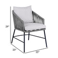 25 Inch Patio Dining Chair, Matte Black Steel Frame, Gray Rope Woven Seat Black Grey Steel