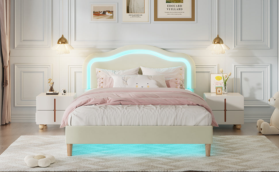 Full Size Velvet Upholstered Smart Led Bed Frame With Adjustable Height Headboard,No Box Spring Needed,Easy Assembly,Beige Box Spring Not Required Full Beige Wood Bedroom Cute,Modern Bed Frame Wood