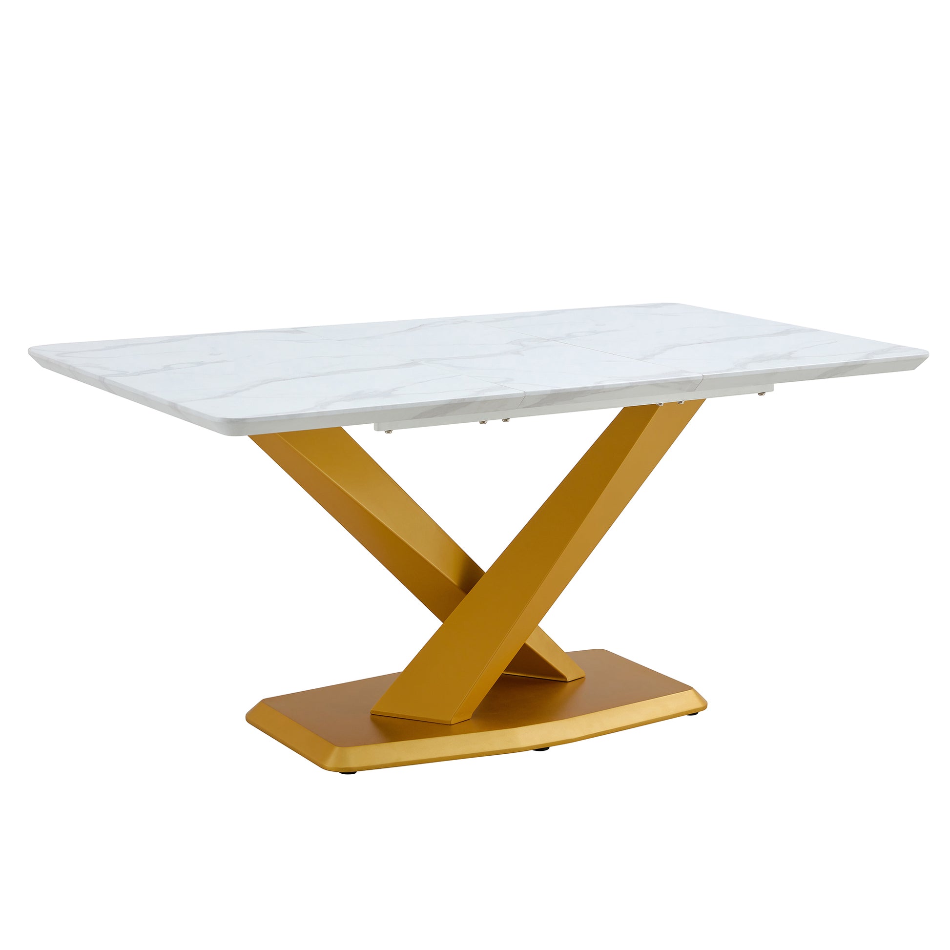 Table And Chair Set, The Table Is Equipped With A Marble Patterned Mdf Tabletop And Gold Table Legs.The Chair Is Equipped With Pu Synthetic Leather High Back Cushion And Gold Coated Metal Legs. Grey Gold Seats 6 Mdf Metal