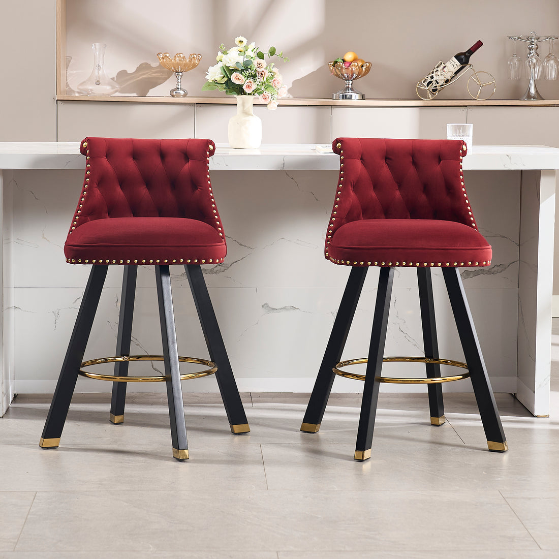 Coolmore Set Of 2,Back Pull Point Design, Velvet Material, 360 Degree Rotation, Back Pull Loop Detachable Design, Rivet Decoration, Square Foot Wooden Bar Chair Red Velvet