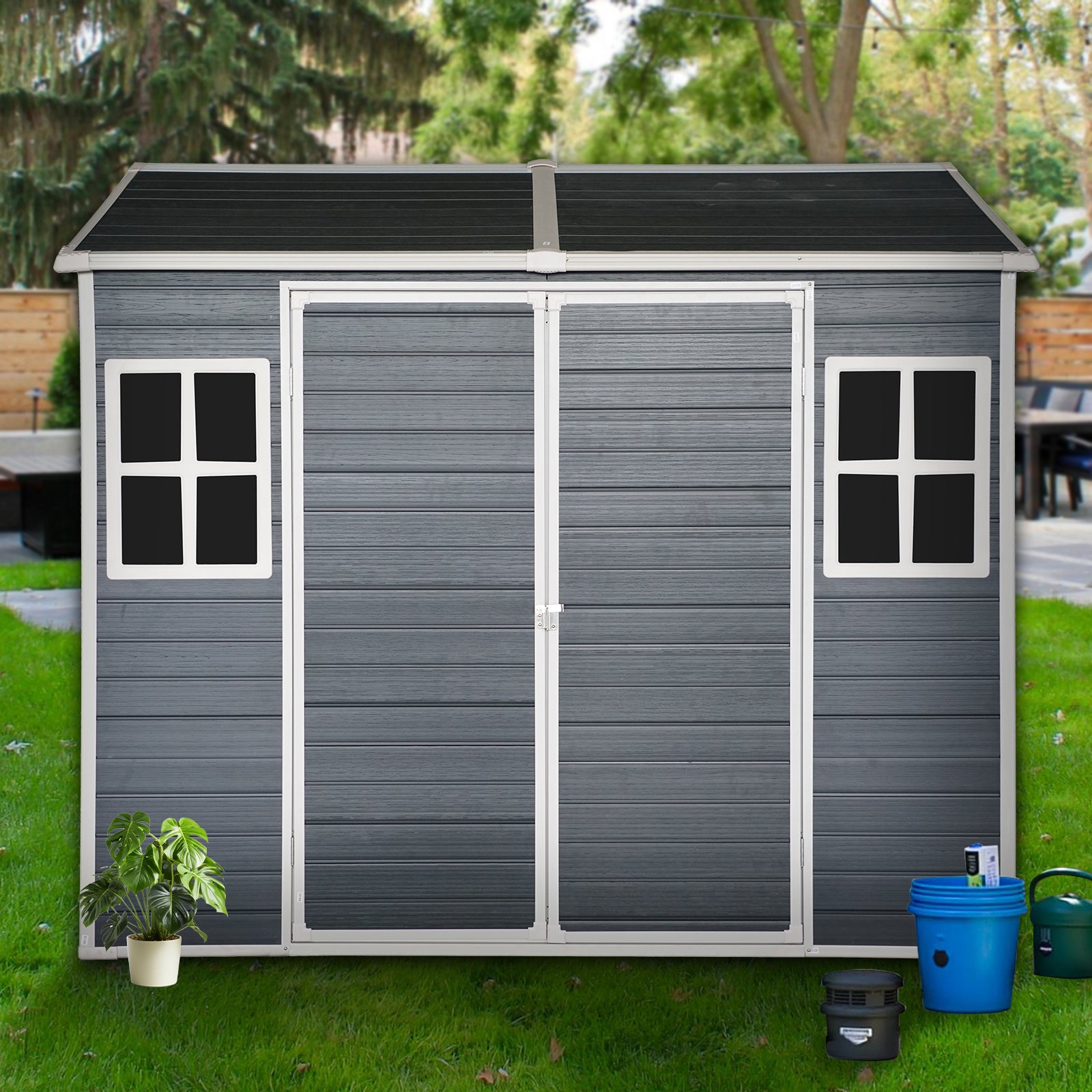 8X6Ft Outdoor Resin Garden Shed With Floor And 2 Windows, Plastic Patio Outdoor Storage Shed With Lockable Door For Garden Tools, Bicycles, Trash Cans, Dark Grey Dark Gray Garden & Outdoor Plastic