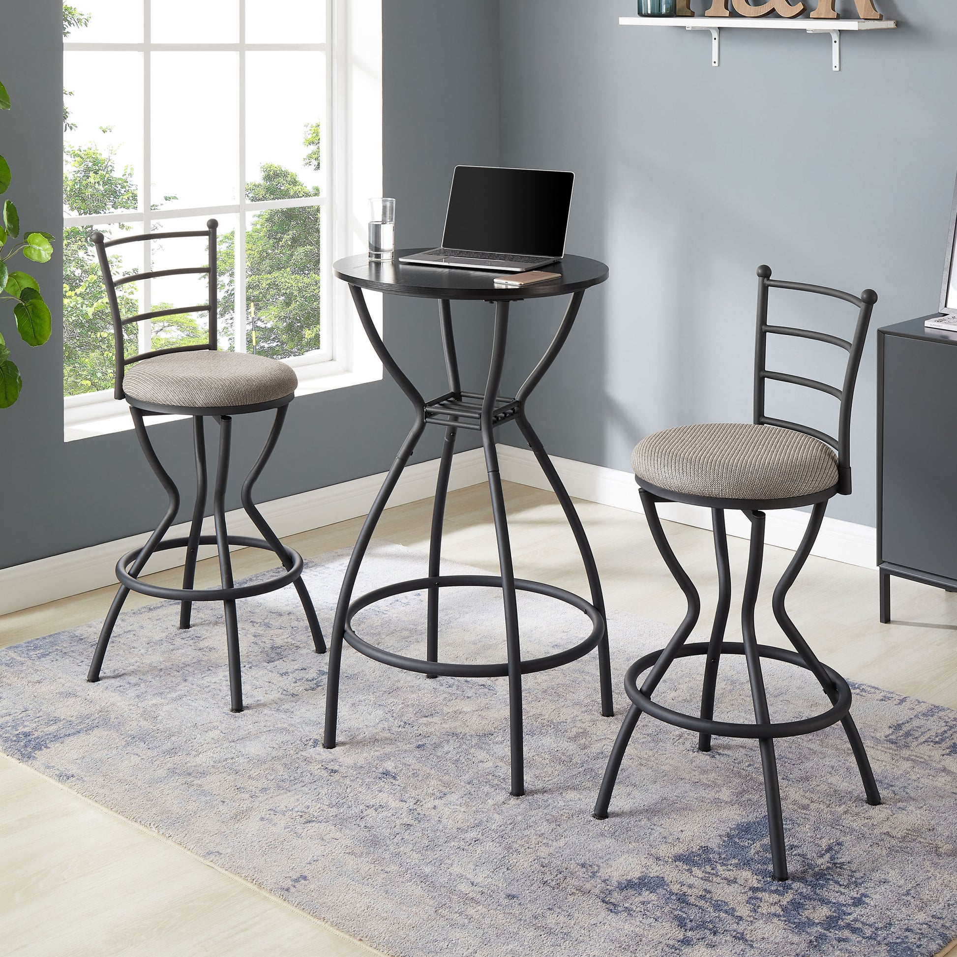 3 Bar Table And Chairs Set For Dining Room Industrial Counter Height Bar Chairs With Metal Back, Fabric Seat Black Dining Room American Design,American Traditional,Antique Metal