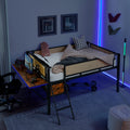 Single Metal Loft Bed With Rectangular Desk, Led Lights, Led Loft Bed Frame Double Bed With Storage Shelves And Hanging Storage Compartments, Safety Guard And Ladder, No Box Springs Required, Rattan G Full Black Brown Mdf Iron