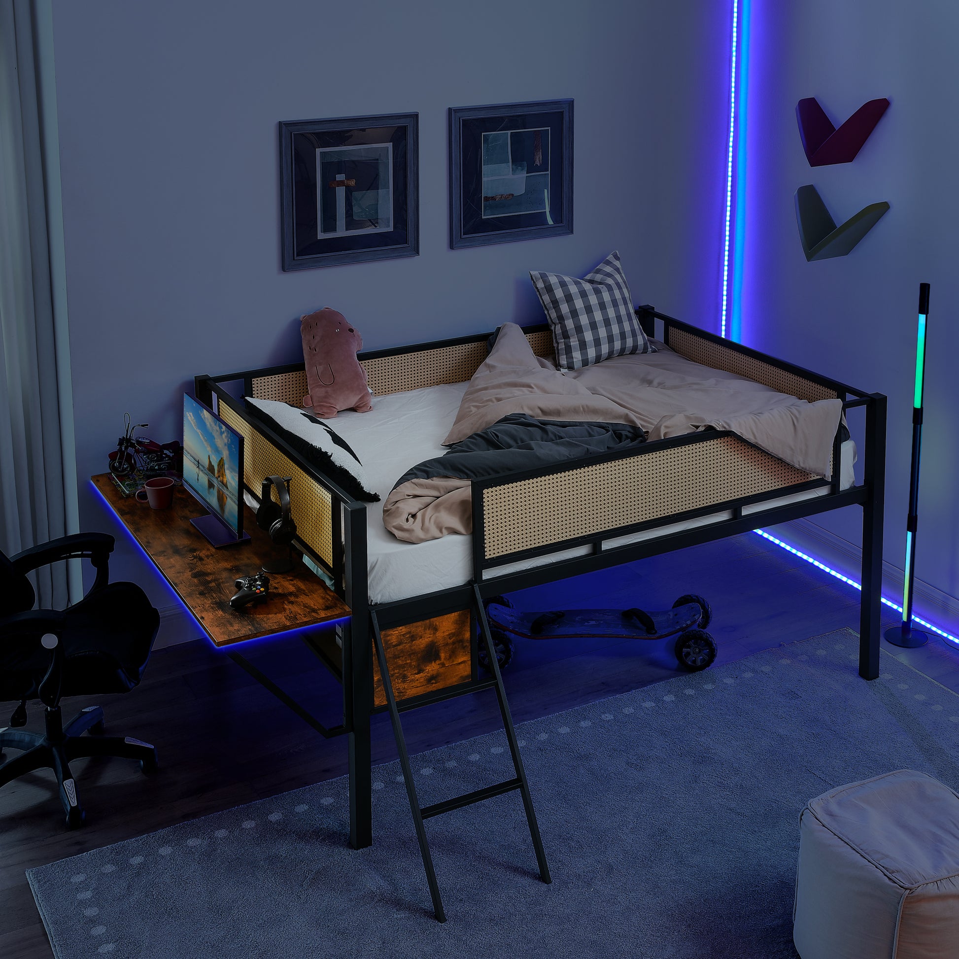 Single Metal Loft Bed With Rectangular Desk, Led Lights, Led Loft Bed Frame Double Bed With Storage Shelves And Hanging Storage Compartments, Safety Guard And Ladder, No Box Springs Required, Rattan G Full Black Brown Mdf Iron