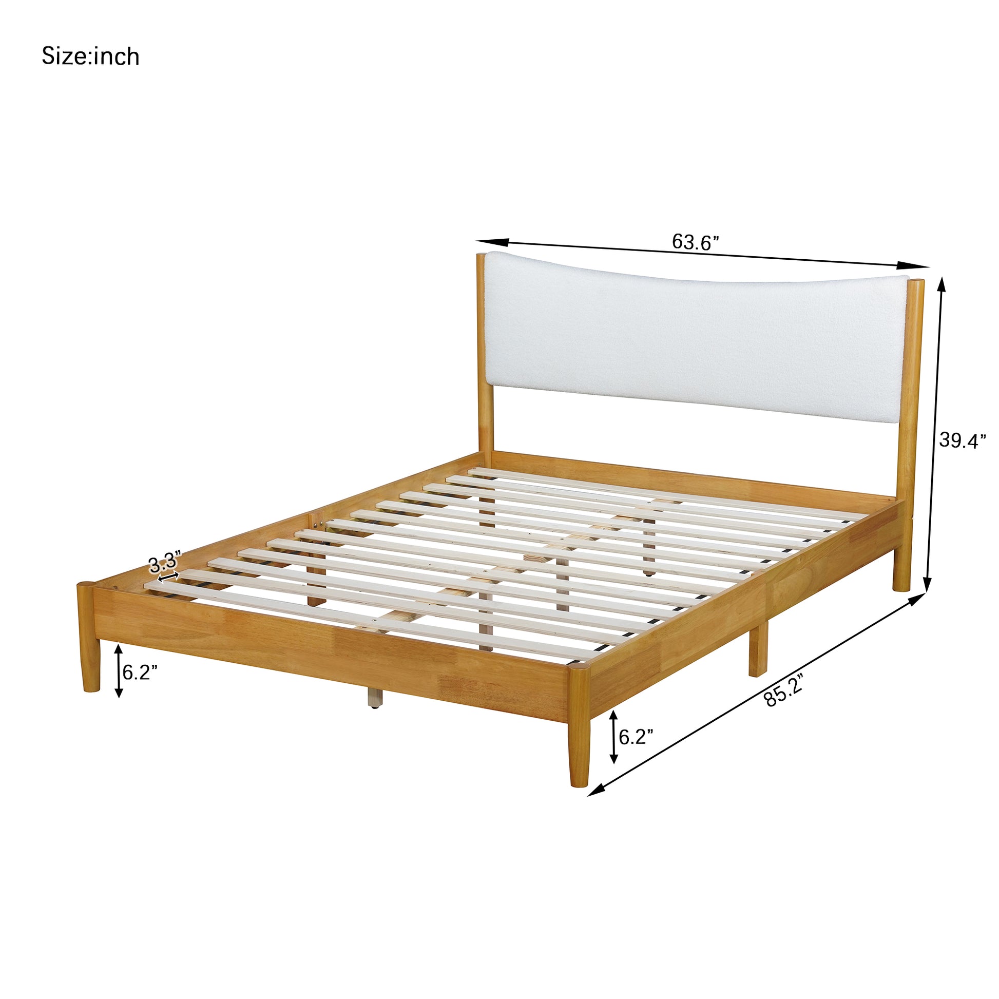 Queen Size Rubber Woodensolid Wooden Bed With Teddy Velvet Cushion Upholstered Headboard, Enhanced By Support Feet Queen Natural American Design Rubber Wood