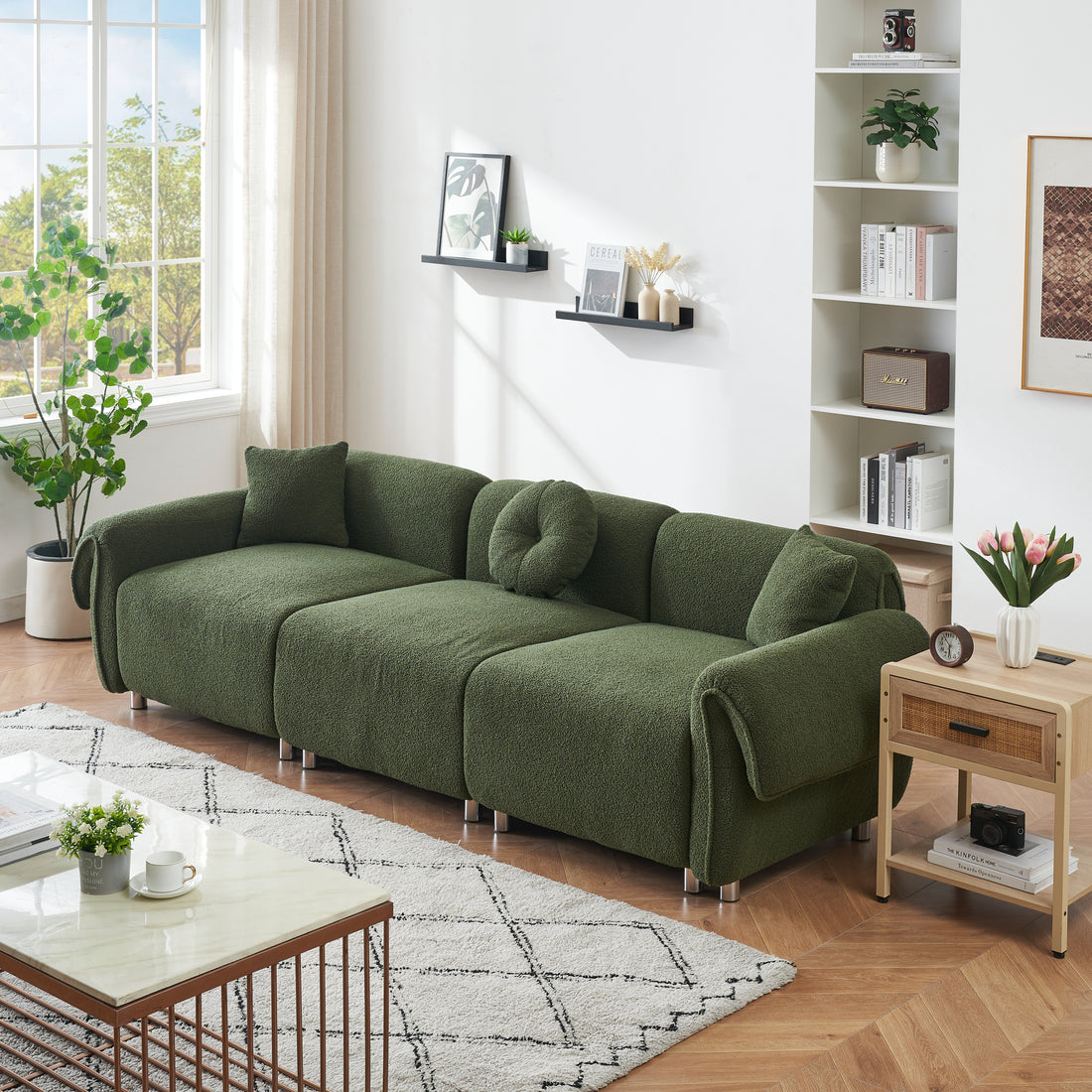 24005 Green Teddy Velvet Fabric, With 3 Pillows, Three Person Sofa Can Be Placed In The Living Room And Other Scenes Green Polyester Blend 3 Seat