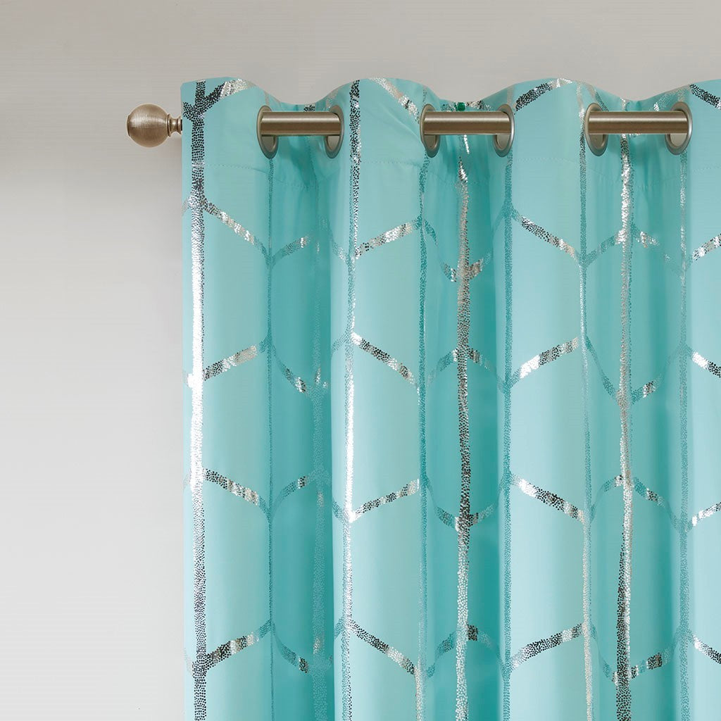 Total Blackout Metallic Print Grommet Top Curtain Panel Only 1 Pc Panel Aqua Silver Microfiber