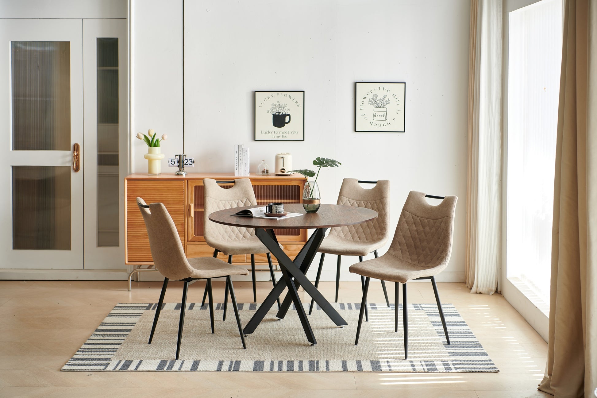 Black Leg And Beige Seat Chair,Set Of 4,Dining Chair,Coffee Chair Beige Metal