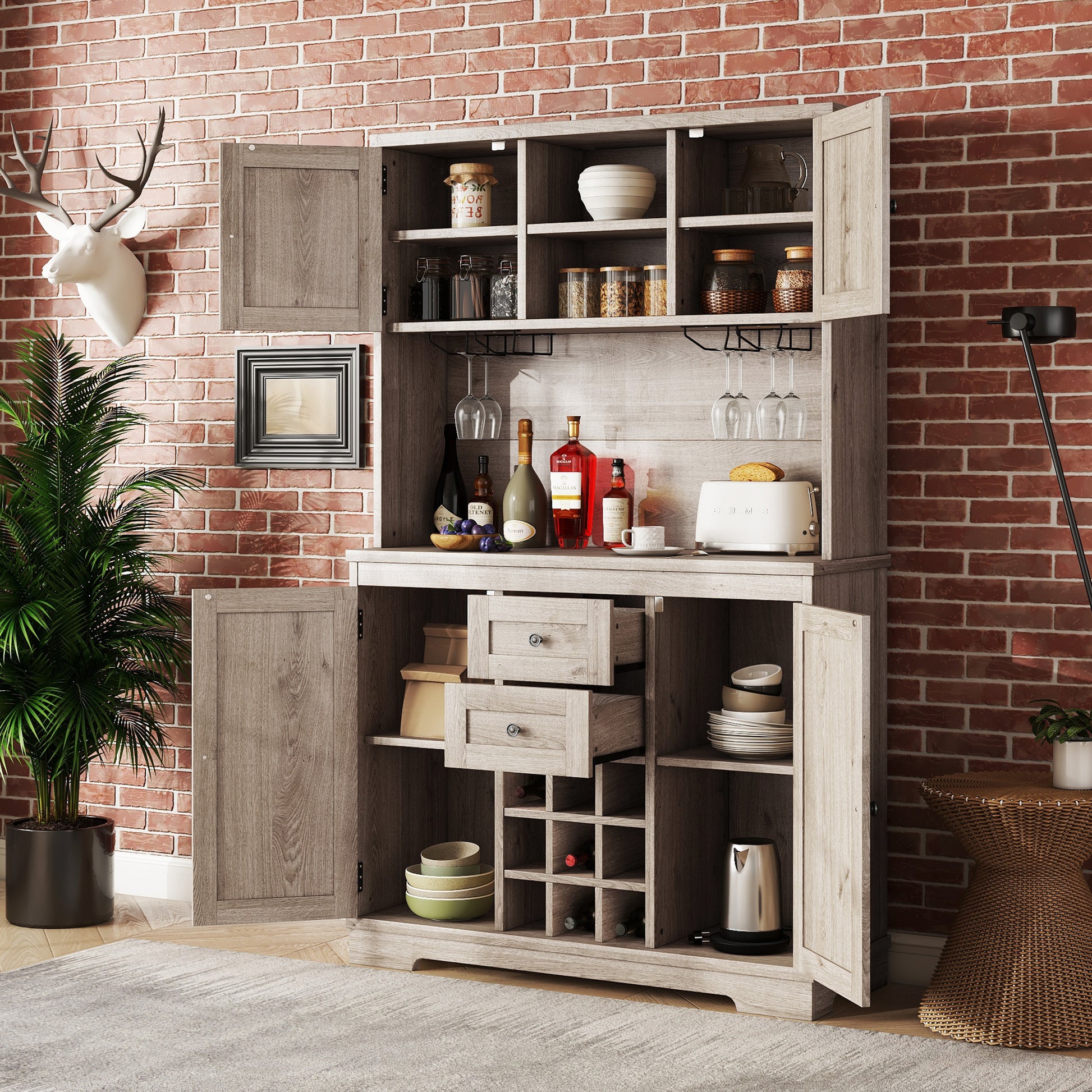 Coffee Bar Cabinet Kitchen Cabinet With Storage, Farmhouse Wine Cabinet With Drawers Shelves And Cabinets, Buffet Cabinet Wine & Glass Racks For Dining Room, Kitchen, Oak Brown Oak Particle Board Mdf