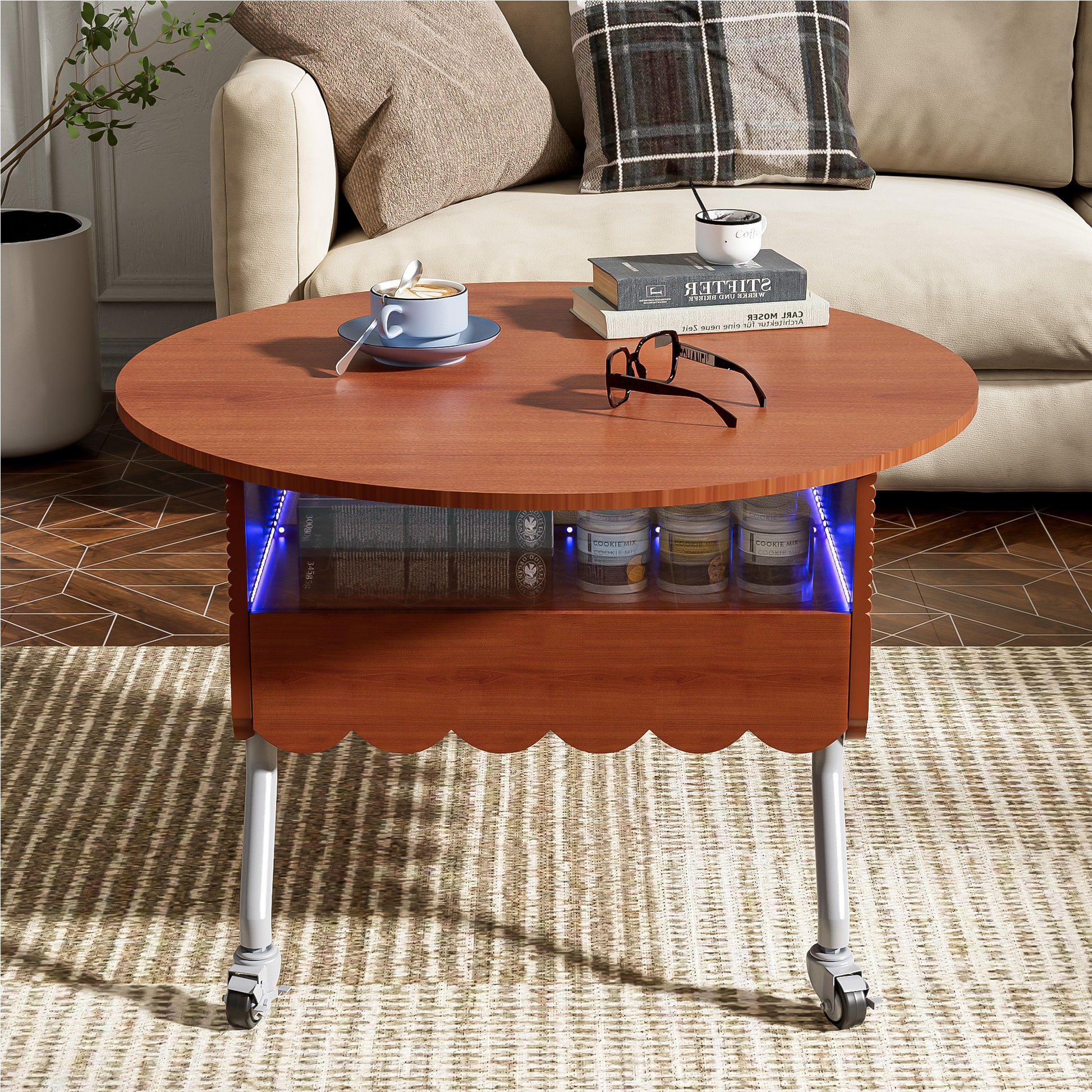 Round Lift Top Coffee Table With Wheels, Metal Frame And Multi Color Lighting In 27.6" Mahogany Glass,Mdf Metal