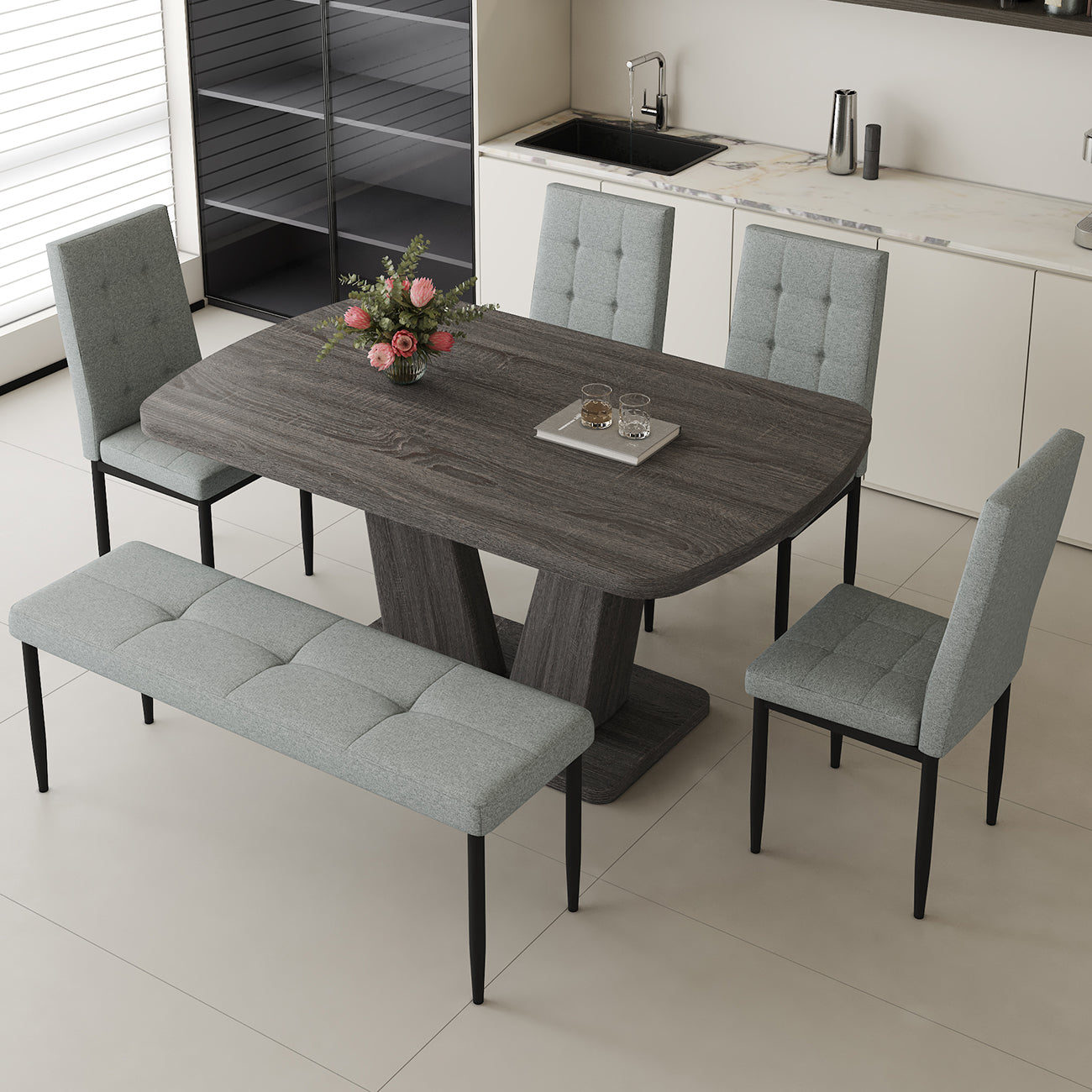 63" Modern Style 6 Piece Dining Table With 4 Chairs & 1 Bench, Table With Wood Veneers Tabletop And V Shaped Table Legs Metal Grey Modern Rectangular Mdf Mdf