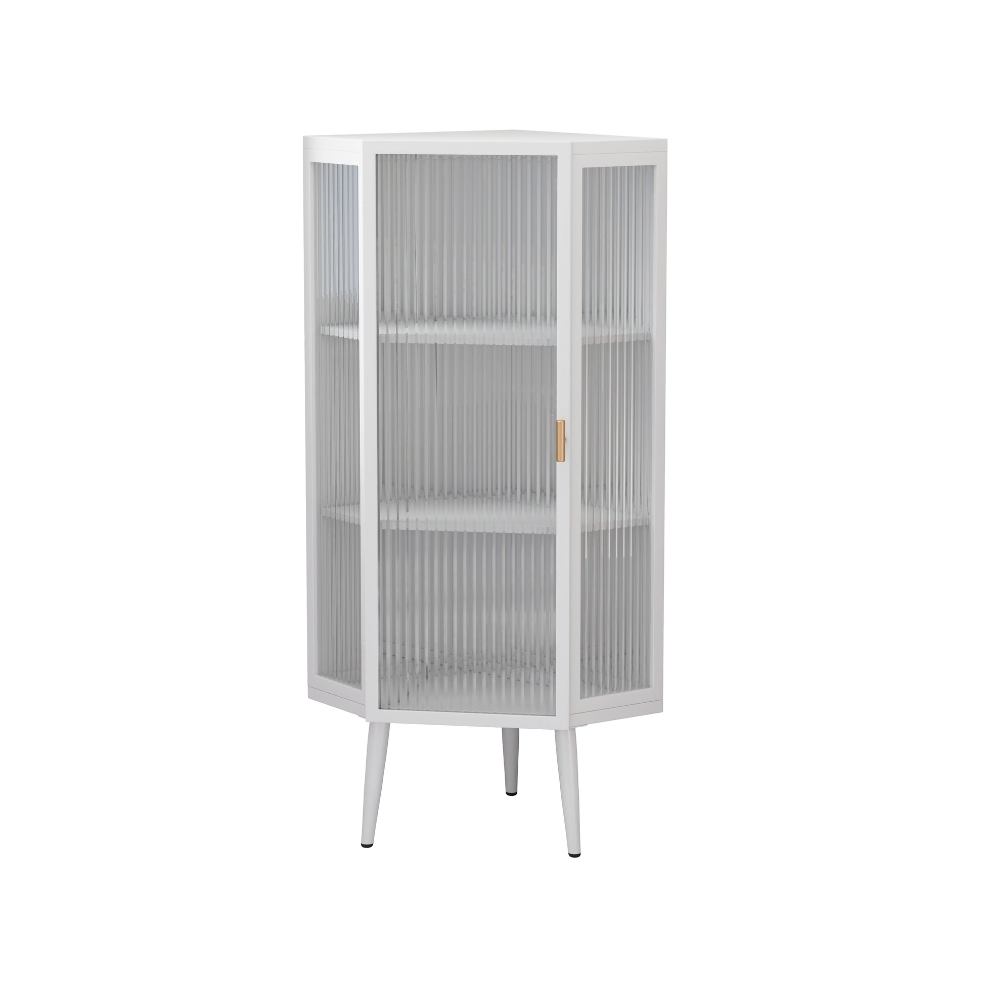 22.25'' Floor Coner Cabinet,Three Tiers With Tempered Glass Doors And Storage Shelves For Bathroom, Living Room And Bedroom White White Glass Metal