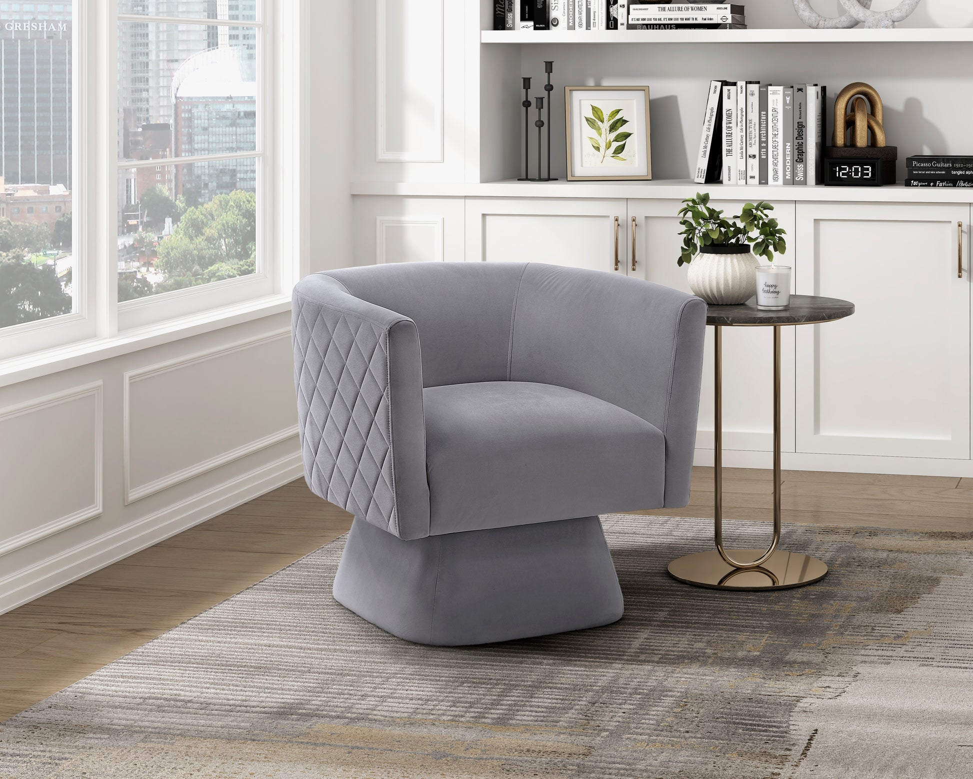 1Pc Swivel Chair Gray Velvet Fabric Upholstery Solid Wood Diamond Pattern Stitched Back Comfort Chair Living Room Furniture Gray Primary Living Space Contemporary Plywood,Solid Wood
