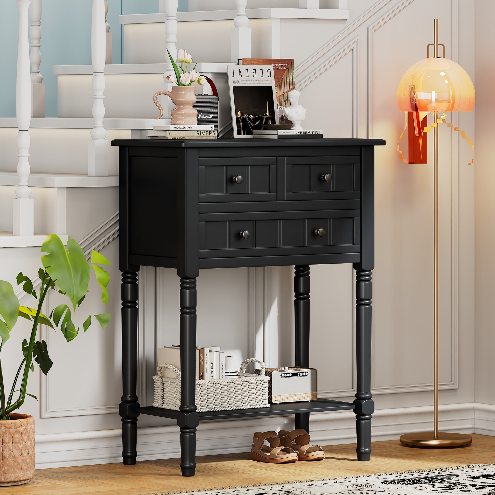 Narrow Console Table, Slim Sofa Table With Three Storage Drawers And Bottom Shelf Black Black Solid Wood Mdf